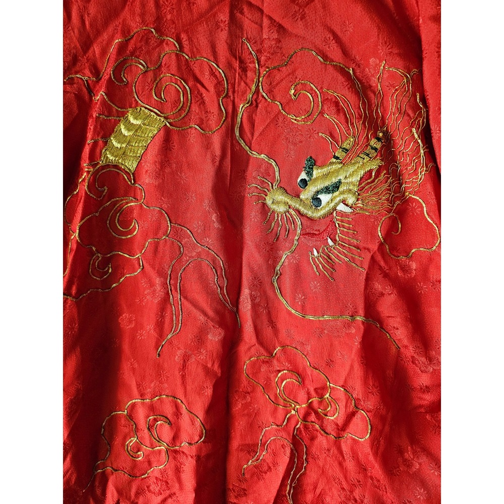 Vintage Red Satin Kimono Robe Gold Dragon Embroidery Long Loungewear Dress - Picture 11 of 13